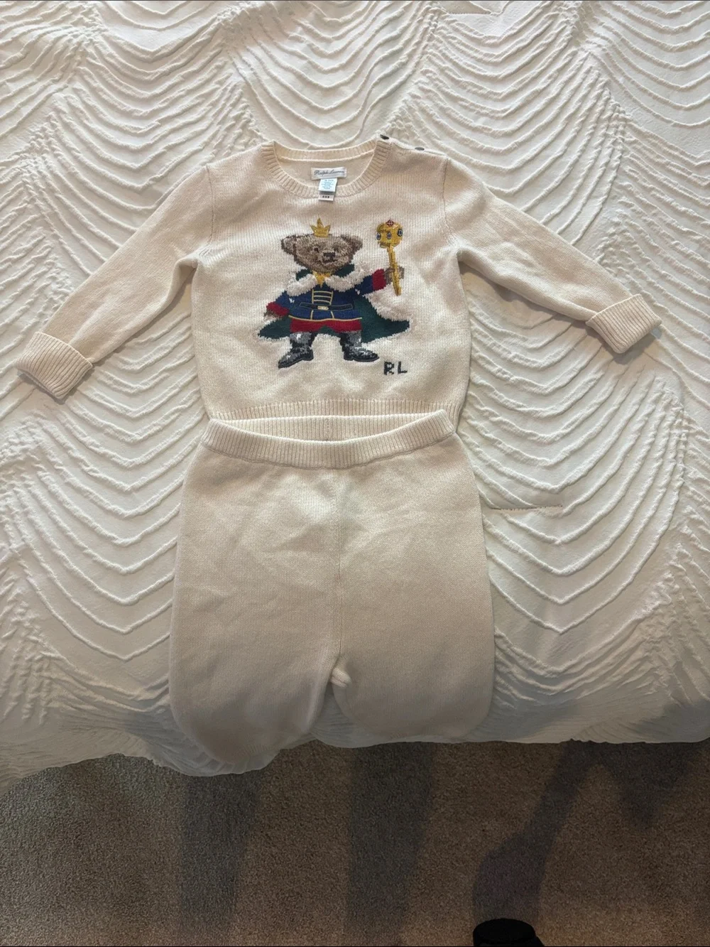 Ralph Lauren Cream Bear Knit Pajama Set with Navy & Red Accents